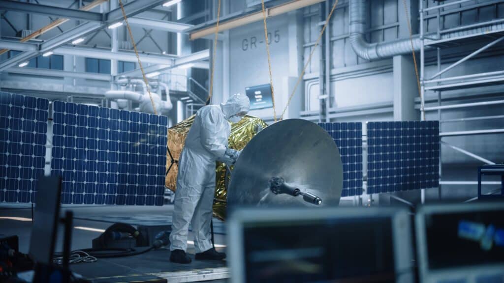 Engineer in a cleanroom suit working on a satellite in a manufacturing facility